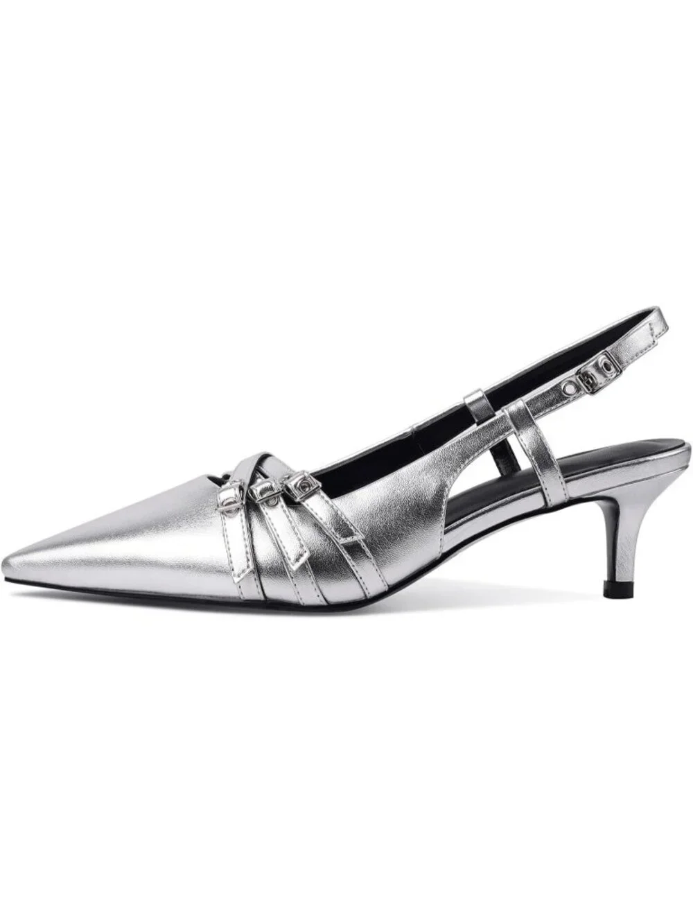 Women's Silver Slingback Kitten Pointed Toe Pump Low Stiletto Heels Shoes